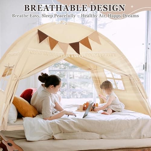 Twin Size Bed Tent Canopy, Kids Play Tent with Flags & Star Lights, Canopy on Bed Privacy Space Sleeping Blackout Tents, Indoor Breathable Portable & Foldable, Girls & Boys Gifts, Cream Tassels Style thumbnail 7
