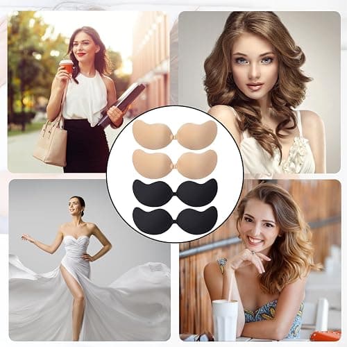 BFSYRR Stick On Bra, Strapless Push Up Bra, 4 Pairs of Black and Skin Color Sticky Bra for Women, Stick On Bra Push Up for Low Cut Dress Weddings Parties Dances thumbnail 6