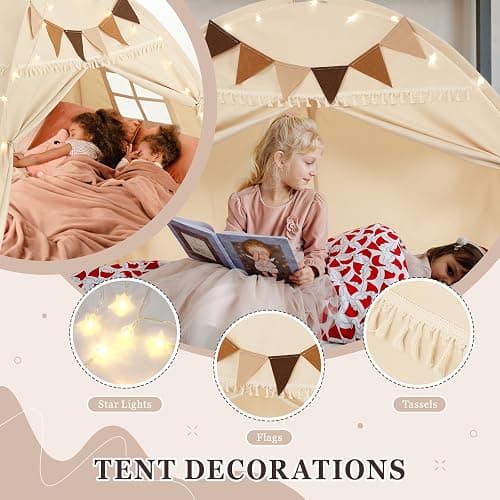 Twin Size Bed Tent Canopy, Kids Play Tent with Flags & Star Lights, Canopy on Bed Privacy Space Sleeping Blackout Tents, Indoor Breathable Portable & Foldable, Girls & Boys Gifts, Cream Tassels Style thumbnail 6