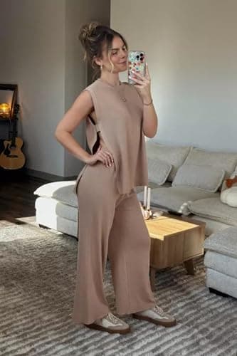 Lviefent Womens 2 Piece Outfits Sweater Set Sleeveless Side Slit Pullover Top Knit Wide Leg Pants Lounge Matching Sets thumbnail 6