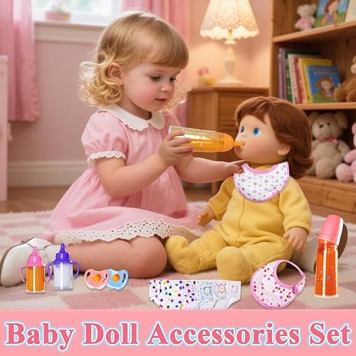 Kuihaazi 12PCS Baby Doll Accessories Set,Doll Pretend Play Feeding Toys,Baby Doll Feeding Include Disappearing Milk and Juice Bottles,Pacifier,Bibs,Diapers thumbnail 2
