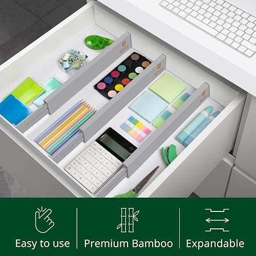 ROYAL CRAFT WOOD Adjustable Bamboo Drawer Dividers Organizers - Expandable Drawer Organization Separators For Kitchen, Dresser, Bedroom, Bathroom and Office, 4-Pack (Large (up to 22")) (Gray) thumbnail 5
