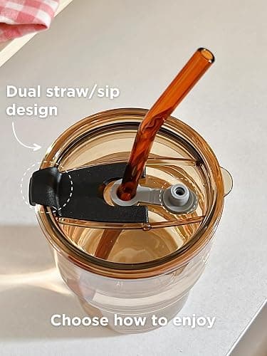 Olvini 13oz Glass Tumbler with Straw and Lid, Reusable Iced Coffee Cup Tumbler, Cute Glass Cups for Water, Matcha, Travel Coffee Mugs (Amber - 13oz) thumbnail 7