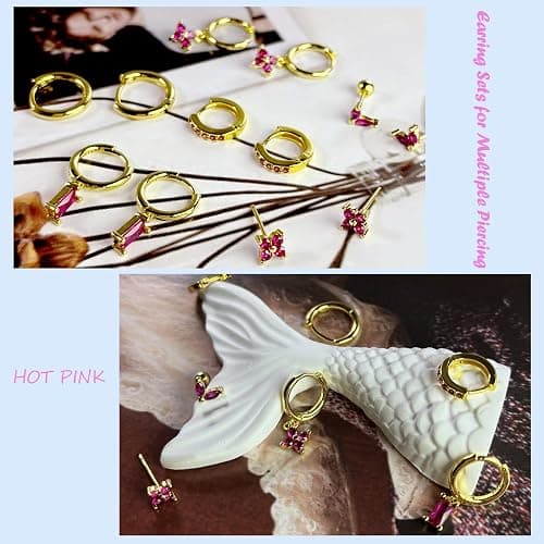 FIRSAUKI Earring Sets for Multiple Piercing Small Gold Earring Stack 14K Gold/Silver Plated Huggie Hoop Earrings for Women Hypoallergenic Cartilage Stud Gold and Green Earring Set - F:Pink CZ thumbnail 5