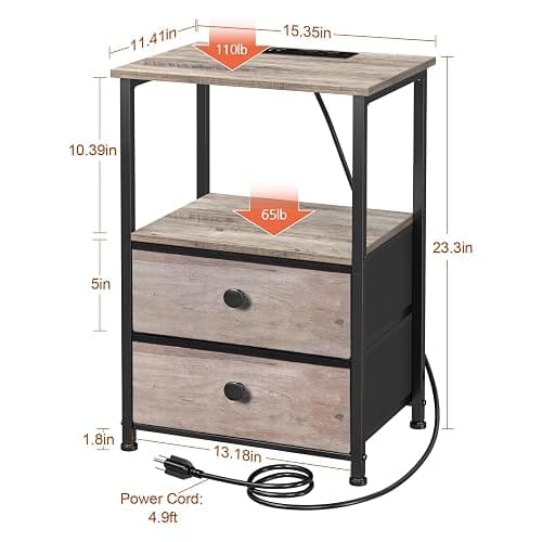 LOAKEKEL Night Stand Set 2, LED Nightstand with Charging Station, End Tables with Storage Shelf, Bedside Table with 2 Fabric Drawers for Bedroom, Small Spaces, Grey HETS02PGY thumbnail 3