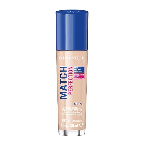 Rimmel Match Perfection Foundation 001 Fair Porcelain, Medium Coverage, 24hr Hydration, No Caking or Creasing, Lightweight, Reduces Imperfections, Invisible Coverage, SPF20, Cruelty Free - Image 1