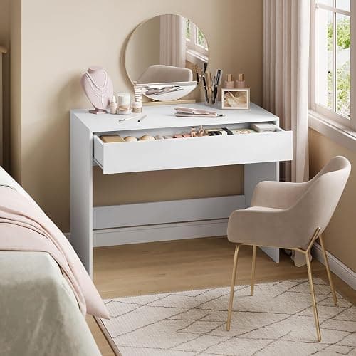 eSituro Computer Desk with Drawer, Home Office Desk 100x50x75 cm, Vanity Table with Storage, Dressing Table for Bedroom, White thumbnail 4