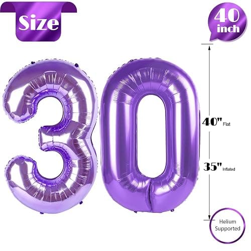 Purple Number 30 Balloon 40 Inch, 30th Birthday Decorations Men Women | Foil Purple number balloons, giant helium inflatable balloon numbers for 30th birthday decorations, helium supported thumbnail 3