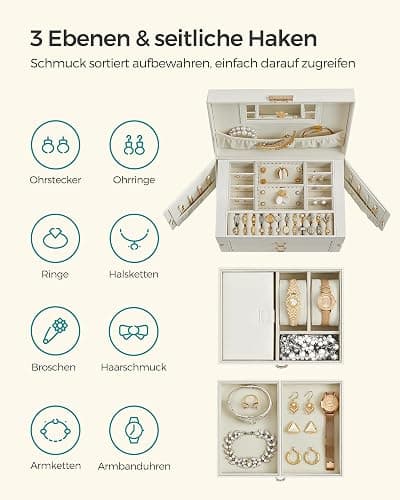 SONGMICS Schmuckkästchen 3 Ebenen, Schmuckkasten 2 Schubladen, tragbare Mini-Box für Reisen, mit Griff, abschließbar, Geschenkidee, PU-Bezug in Klassikweiß, Innenfutter in Cremeweiß JBC121W02 - Klassikweiß + Cremeweiß thumbnail 4