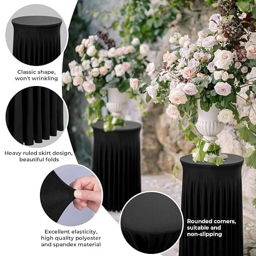 Babenest 24"x 43" Round Cocktail Table Skirt, 6 Pack Spandex Stretch Round Tablecloths with Natural Wavy Drapes, Fitted High Top Bar Cocktail Table Covers for Wedding Party Birthday Banquet (Black) - Black - 6 thumbnail 4