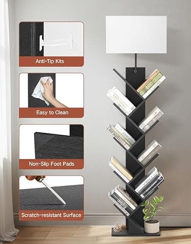 OUTONLIFE 9 Tier Tree Bookshelf with Light, Remote & Timer, Dimmable Tall Floor Book Shelf, Narrow Wood Bookcase, Small Book Organizer Shelves for Living Room, Bedroom, Home Office (Black) thumbnail 7