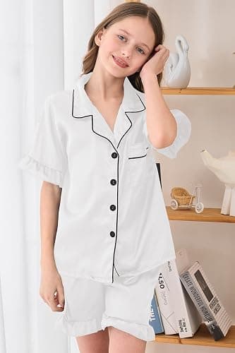 Hupohoi Summer Satin Pajama 2 Pieces Ruffles Sleeve Shorts Loung Sets Button Down Sleepwear for Teen Girls with Pockets thumbnail 7