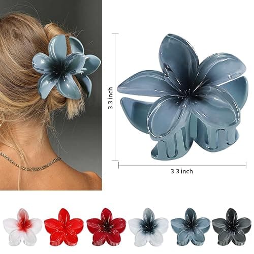 CHANDAT Flower Hair Clips 6 PCS Hawaiian Claw Clips for Vacation Hibiscus Hair Claw Clips Cute Large Hair Clips for Thick and Thin Hair Plumeria Hair Accessories for Women Girls -Dark Color thumbnail 5