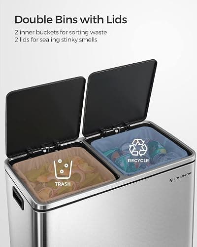 SONGMICS Trash Can, 2 x 8 Gallon (2 x 30 L) Garbage Can for Kitchen, with 15 Trash Bags, 2 Compartments, Plastic Inner Buckets and Hinged Lids, Airtight, Silver and Black ULTB60NL thumbnail 4