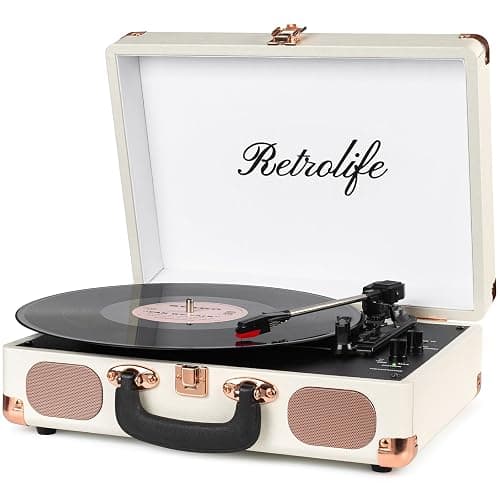 Retrolife® Record Player,3-Speed Bluetooth Suitcase Vinyl Player-White | Built-in Stereo Speakers, Portable Turntable Plays 7/10/12" Records, 33/45/78 RPM, Bluetooth Streaming, RCA/Headphone Jack - Image 1