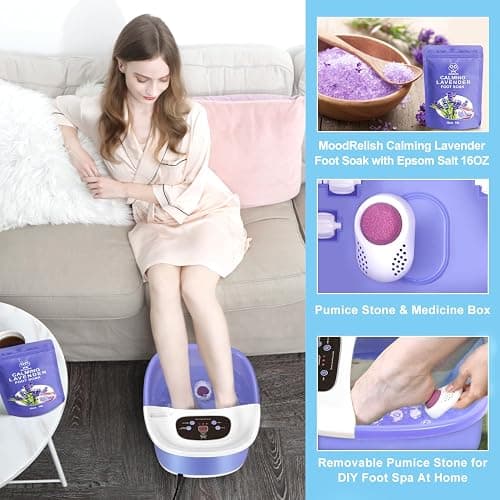 Foot Spa Bath Massager with Heat Bubbles and Vibration Massage and Jets, 16 OZ Calming Lavender Foot Soak Epsom Salt, MoodRelish Foot Soaker With Red Light, 22 Massage Rollers, Adjustable Temp -Purple thumbnail 4