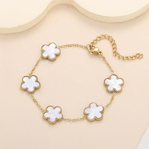 RWQIAN Gold Plated Five Leaf Lucky Clover Bracelets for Women,White/Black/Red/Green/Blue/Pink Clover Link Flower Charm Bracelets,Adjustable Clover Bracelet Chain Jewelry Gifts Trendy for Birthday thumbnail 5