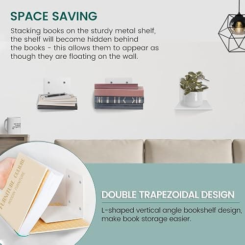 STORAGE MANIAC Floating Book Shelves for Wall Mounted Invisible Floating Bookshelves Heavy-Duty Steel Hidden Bookshelf Hanging Bookshelves for Bedroom Living Room Office, White 4-Pack Large thumbnail 6