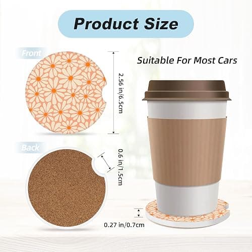 Orange Floral Car Coasters for Cup Holders,2 Pack Car Cup Holder Coasters for Car,Ceramic Absorbent Car Coaster with A Finger Notch and Cork Base,Car Interior Accessories for Women Men thumbnail 2