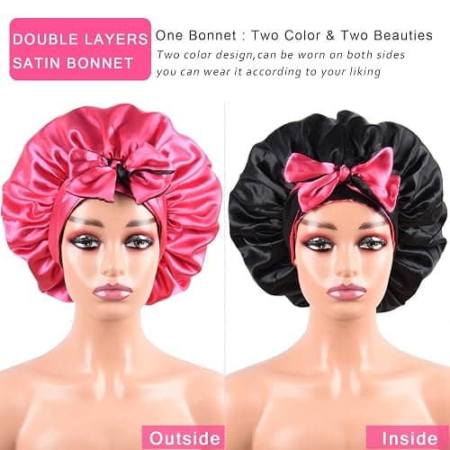 Satin Bonnet with Tie Band Adjustable Silk Bonnet Sleep Cap for Braids double layer with Tie for Sleeping (Hot Pink +Black) thumbnail 3