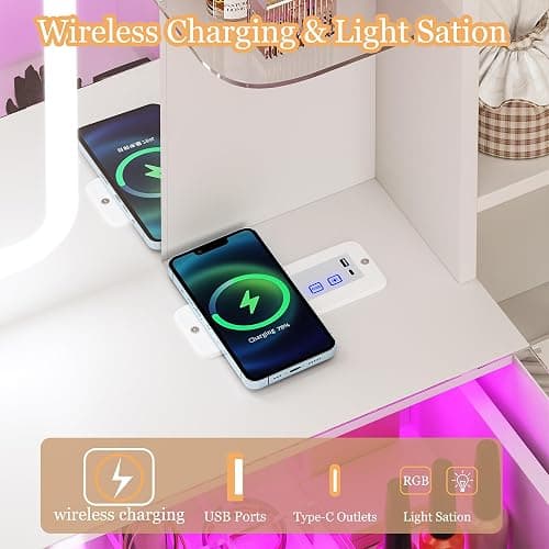 HUAHUU Vanity Desk with Mirror and LED Lights, 43" Makeup Vanity with Glass Top & Wireless Charging, Vanity with RGB Drawers, 3 Colors Light, Power Outlet Safety Switch for Bedroom, White thumbnail 3