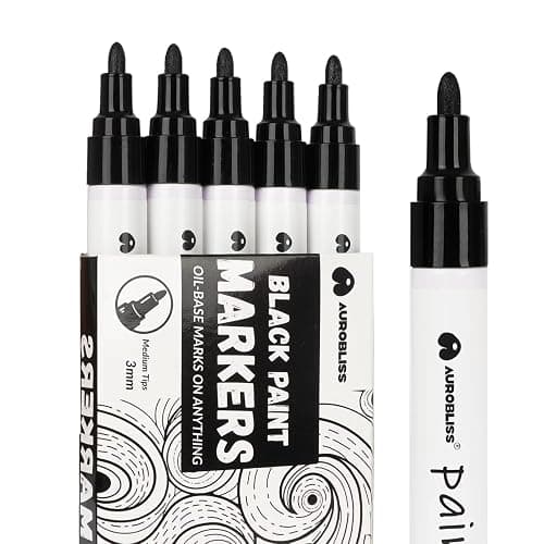 Aurobliss Marqueur Noir Indélébile Lot de 5, Marqueur Permanent Pointe Ogive, Stylo Noir pour Tissu, Verre, Galets, Bois, Metal, Cuir - Image 1