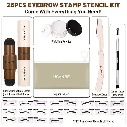 UCANBE 25PCS Eyebrow Stamp Stencil Kit With Dual-Color Eyebrow Stamp Pomade,20 Reusable Eyebrow Stencils,Finising Powder,Brush,Eyebrow Razor,Zipper Pouch,Waterproof Eye Brow Stamping and Shaping Kit04 thumbnail 3
