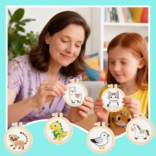 57lilina Easy Embroidery Kit for Kids Beginners, 6 Set Cute Stamped Pattern | Pre Printed Cross Stitch Kits for Kids, DIY Needlepoint Sewing Craft for Backpack Charms, Keychains & Girls Gifts thumbnail 2