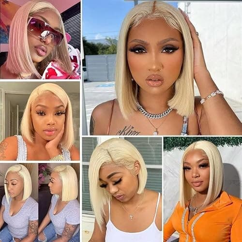 10 pouces 613 Blonde Short Bob Wig Cheveux Humains Straight Lace Front Perruque 180 Densité 13x4 HD Lace Front Perruque Bob Wig Pré - épelé des Cheveux de bébé pour Les Femmes thumbnail 9