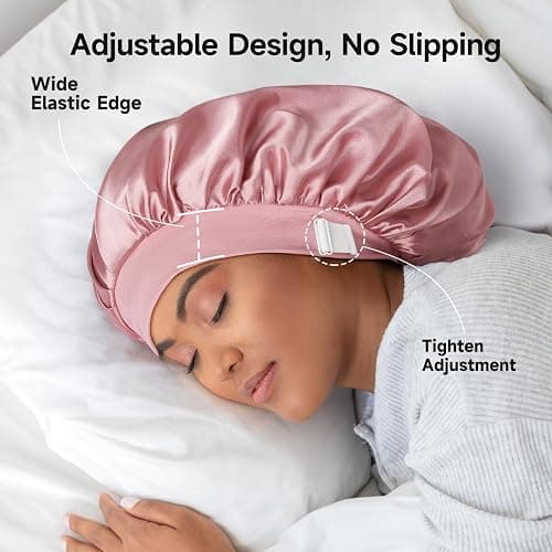 22 Momme 100% Real Mulberry Silk Bonnet for Sleeping Women, Large Hair Care Bonnet for Long Curly Hair, Double Layer Silk Wrap with Soft Elastic Band, Non-Slip Sleep Cap, Pink thumbnail 3