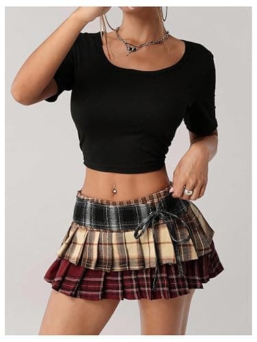 MakeMeChic Women's Plaid Skirts Y2k Low Waist Tie Front Pleated Ruffle Layered Mini Skirt thumbnail 4