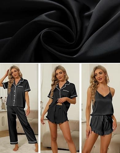 SAPJON Silk Pajamas for Women Set 4Pcs Ruffled Satin Pajamas Set Button Down Short Sleeve Cami Shorts Sleepwear Pj Set thumbnail 2