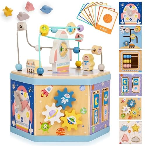 Gleamkid Large Wooden Space Activity Cube Toys, 9-in-1 Early Educational Montessori Learning Toys for 2 3 4 Toddlers with Abacus Bead Maze for 24+ Months Boys Girls First Birthday - Image 1