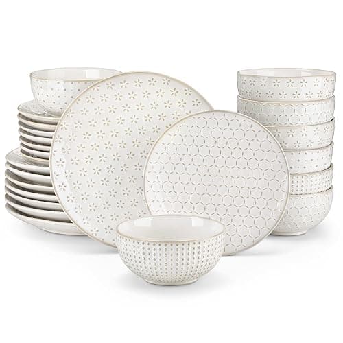 MALACASA 24 Piece Dinnerware Set, Embossed Ceramic Dish Sets Service for 8, Plates and Bowls Set, Durable Stoneware Tableware for Family Dinners, Dishwasher & Microwave Safe - Image 1