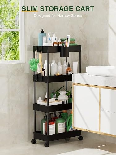 LEHOM Slim Rolling Storage Cart - 4 Tiers Bathroom Organizer Utility Cart Slide Out Storage Shelves Mobile Shelving Unit for Kitchen, Bedroom, Office, Laundry Room, Small Narrow Spaces（7.1" W+Black） thumbnail 4