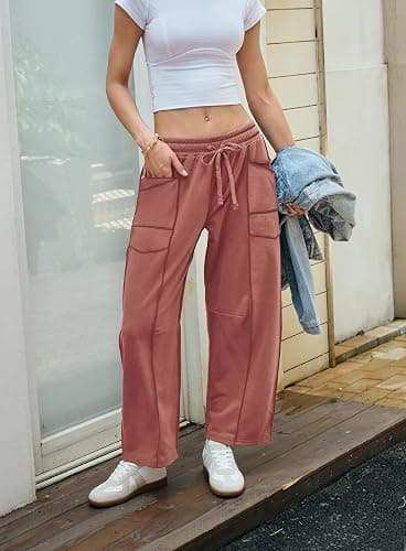 Yanekop Womens Baggy Wide Leg Pants Casual Fall Trousers Palazzo Pants Drawstring Waist Barrel Sweatpants with Pockets thumbnail 3