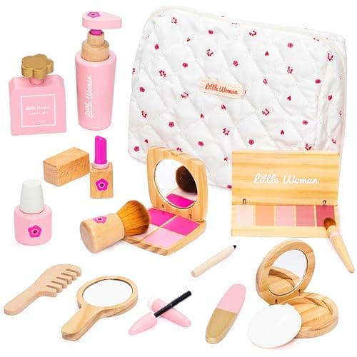 Wooden Makeup Toy Set, Pretend Play Makeup Kit for Toddlers Realistic Beauty Salon Set for Girls with Eyeshadow Lipstick Perfume Brush and Cosmetic Bag Birthday Gifts for Girls Toys Kids Aged 3 4 5 6 - Image 1