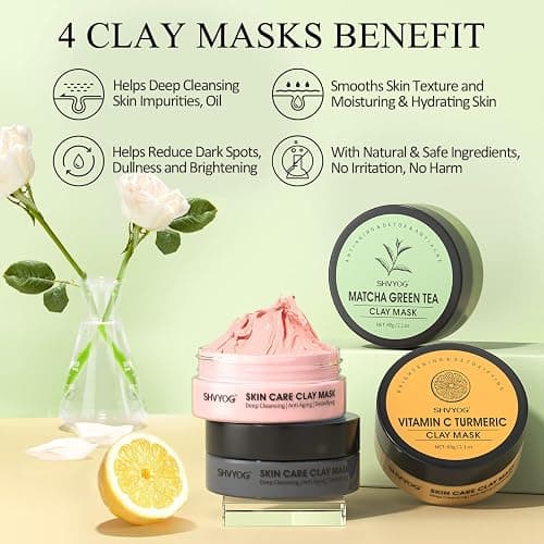 SHVYOG 4Pcs Face Mask Set - Turmeric Clay Mask, Vitamin C, Green Tea, Rose, Dead Sea Mud Mask, Skin Care Mask for Deep Cleansing, Refining Pores, Stocking Stuffers for Women, Gifts for Women- 240g thumbnail 6