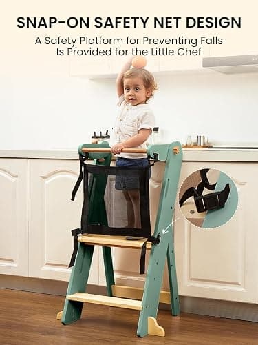 GROWNSY Foldable Step Stool Toddler Tower, Toddler Kitchen Stool Helper, Collapsible Kids Standing Learning Tower with 3 Adjustable Heights and Safety Net for Kitchen Bathroom Sink Counter (Green) thumbnail 4