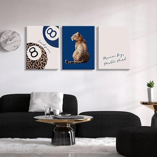 Navy Blue 3 Pcs Leopard Print Canvas Wall Art Cheetah animal prints 8 Ball Lucky Me pictures Trendy Wall decor Y2k aesthetics painting artwork for Apartment Dormitory College Decoration 12x16in thumbnail 7