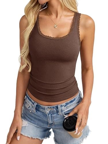Eachyes Womens Lace Trim Cotton Ribbed Tank Tops Cute Scoop Neck Camisole | Fitted, Sleeveless Shirt, Going Out Cami Top, Stretch, Trendy Summer Outfit, Casual, Basic, Undershirt, Workout, Work Clothes thumbnail 7
