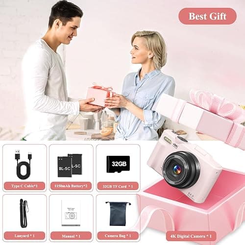 4K Digital Camera for Photography, 64MP Vlogging Camera for YouTube, WiFi Vlog Cameras with 18X Digital Zoom, 3'' Flip Screen and 32GB TF Card, Pink thumbnail 7