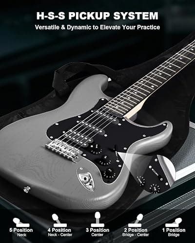 RVONE RST-150 39" Beginner Electric Guitar Kit with Amp & HSS Pickups | Complete Starter Set for Newcomers w/Essentials | Gig Bag, Extra Strings, Digital Tuner, Capo, Strap | Home Practice (Black) thumbnail 3