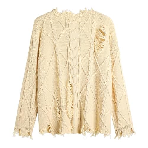 GABERLY Oversized Distressed Cable Knit Sweater Pullover with Frayed Edges Vintage Style Fall Winter Knitwear for Women thumbnail 2