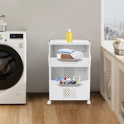 2-Tier Laundry Basket with Wheels, Stackable Storage Bins, Plastic Foldable Laundry Room Bathroom Storage Organizer thumbnail 5