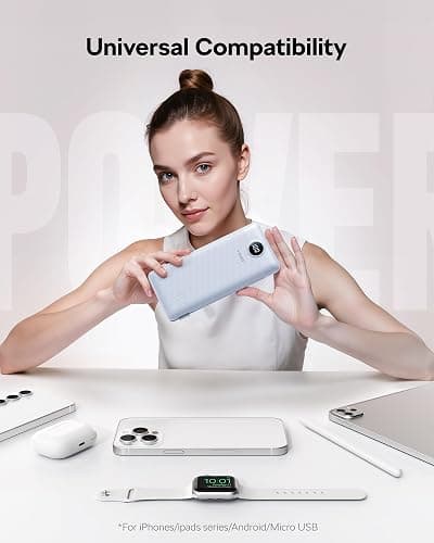 VEGER All in One Travel Portable Charger with Built-in AC Plug & Cables, 10000mAh Slim Power Bank Battery Pack, 15W Fast Charging Compatible with iPhone, Samsung, Android-White thumbnail 6