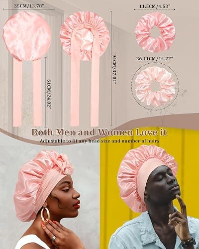 Reversible Satin Bonnet for Sleeping Women Double Layer Hair Bonnet with 2PCS Hair Scrunchies Elastic Tie Band Night Cap thumbnail 2