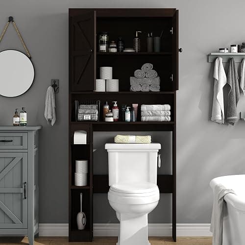 Furnideco 32.3''W Over The Toilet Storage Cabinet with Barn Doors, Over Toilet Shelf Farmhouse Storage Cabinet Space Saver with Toilet Paper Holder & Adjustable Bottom Bar, Espresso thumbnail 3