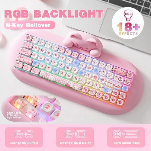 YUNZII C68 Wireless Mechanical Keyboard,65% Layout,Hot Swap,Triple Mode BT5.0/2.4G/Wired, RGB Backlit NKRO,Cute Cat Silicone Ergonomic Design for Win/Mac (Pink, Milk Switch) thumbnail 4