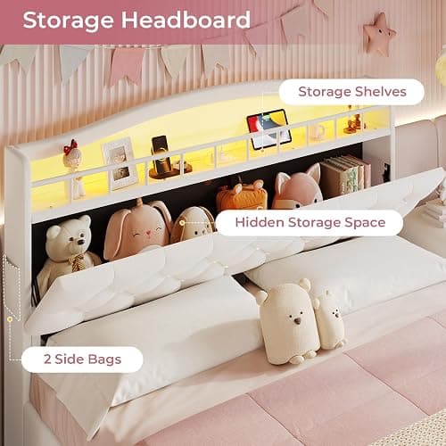 BTHFST Full Bed Frame with Storage Headboard & 4 Drawers, Girl Upholstered Storage Bed with LED Lights & Charging Station, No Box Spring Needed, Easy Assembly, Beige thumbnail 3